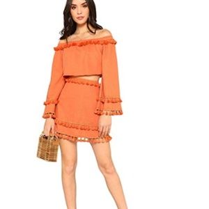 2 Piece Outfit Fringe Trim Crop Top Skirt Set